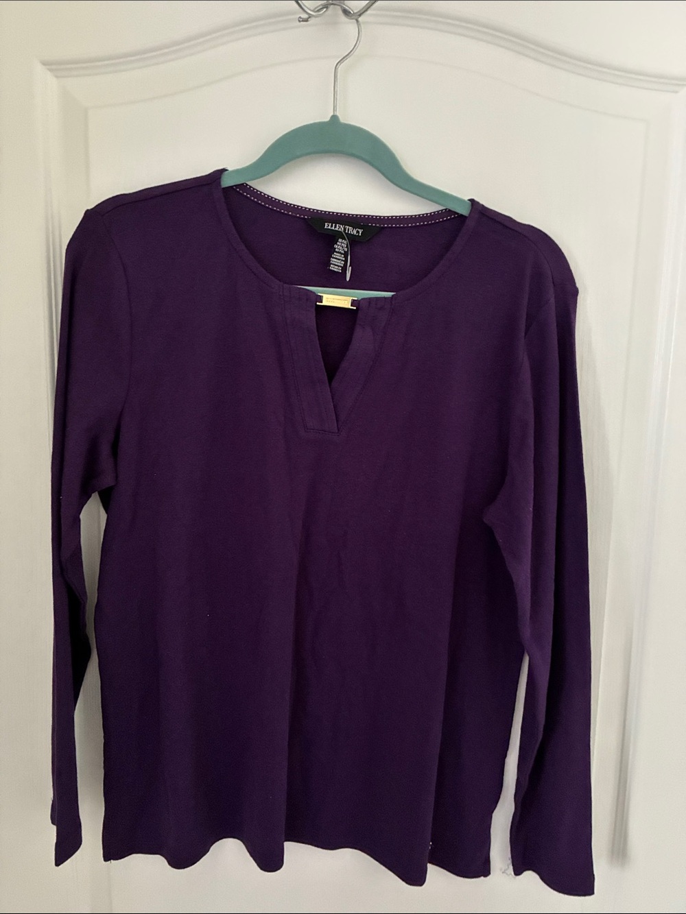 Ellen Tracy Plum Long-Sleeve Split V Knit Top